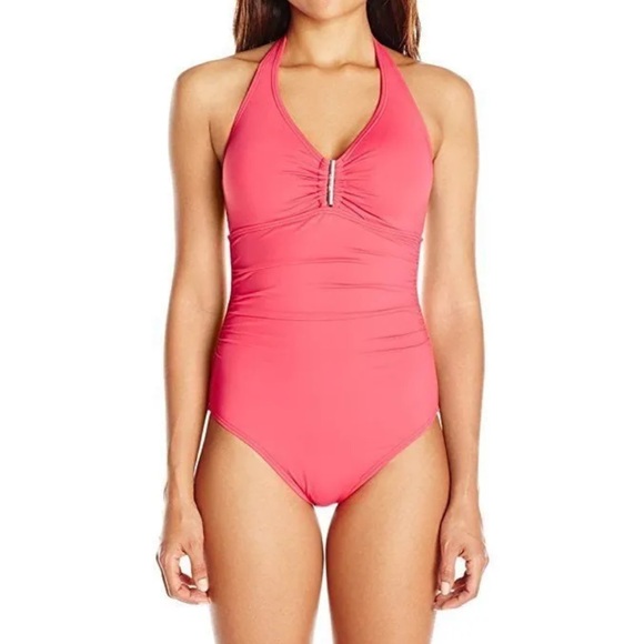Calvin Klein Other - Calvin Klein Atomic PINK halter shirred slimming swimsuit size 14 NWT! MSRP $118